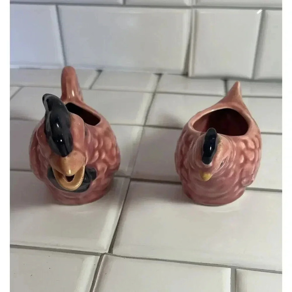 1950s Rooster Creamer And Hen Sugar Bowl Set In Pink and Black Glazed Pottery - Picture 4 of 12